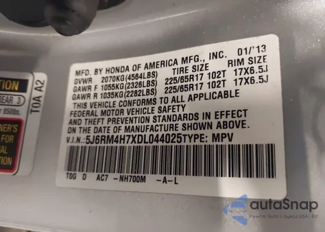 2013 Honda Cr-V Ex-L из США, поврежденный, VIN 5J6RM4H7XDL044025